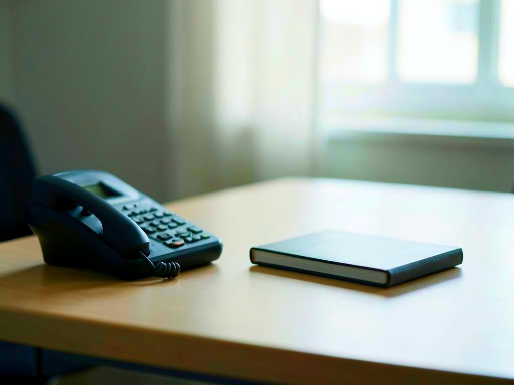 A telephone and notebook on an office desk