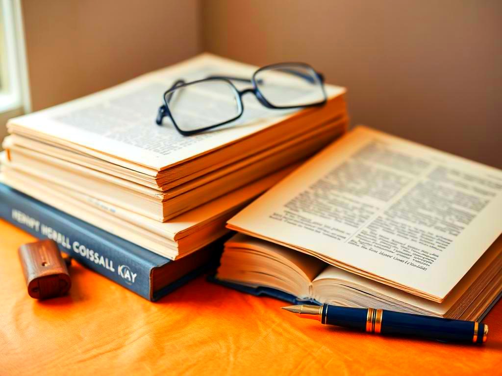 Journals, manuscript pages and a fountain pen on a desk